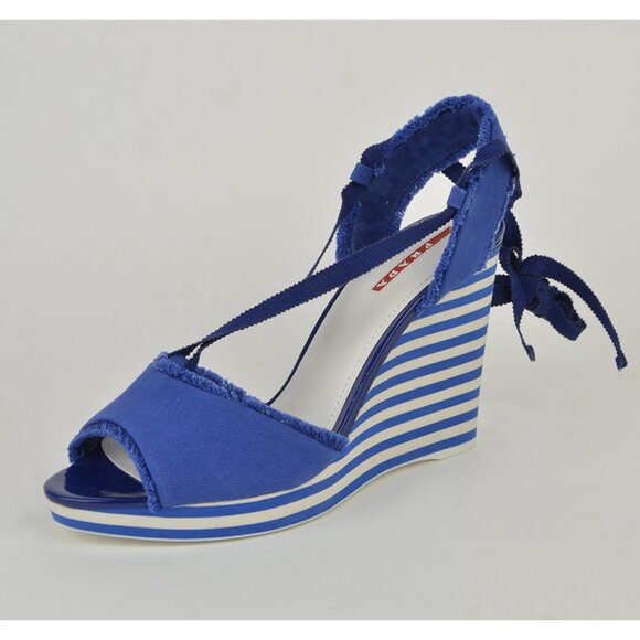 PRADA SPORT SHOES STRIPED WEDGE BLUE CANVAS ANKLE WRAP SANDALS sz 40 / 10 - Picture 11 of 13
